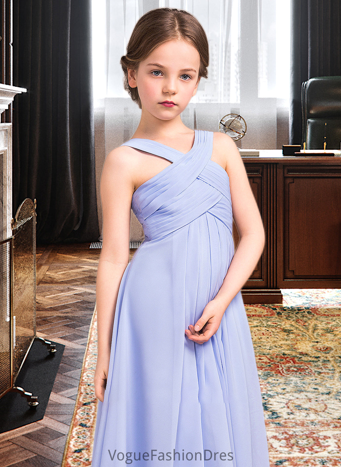 Megan A-Line V-neck Floor-Length Chiffon Junior Bridesmaid Dress With Ruffle DKP0013501