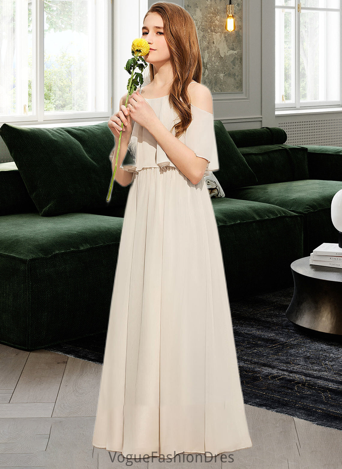 Kaitlynn A-Line Scoop Neck Floor-Length Chiffon Junior Bridesmaid Dress DKP0013503