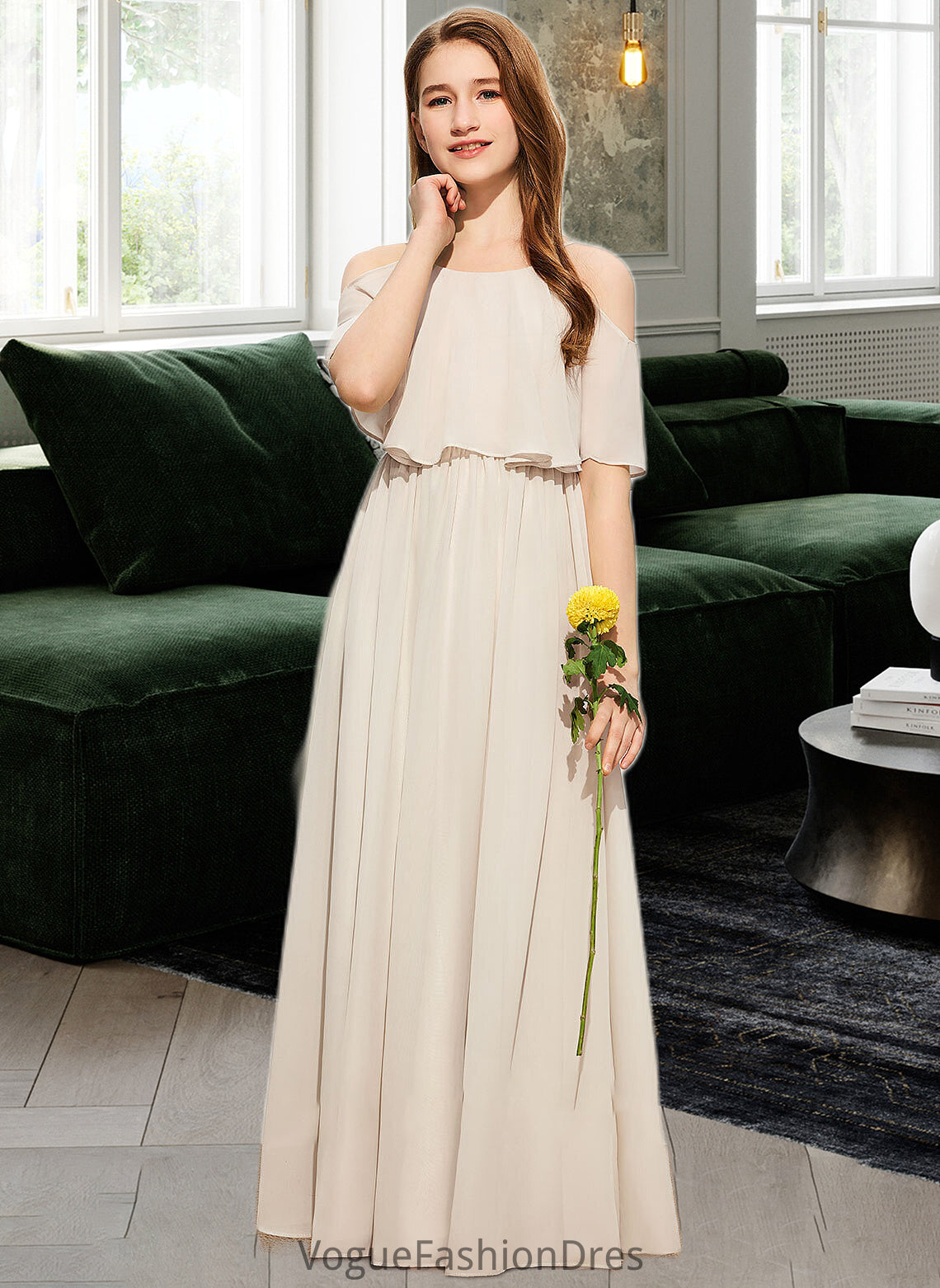 Kaitlynn A-Line Scoop Neck Floor-Length Chiffon Junior Bridesmaid Dress DKP0013503