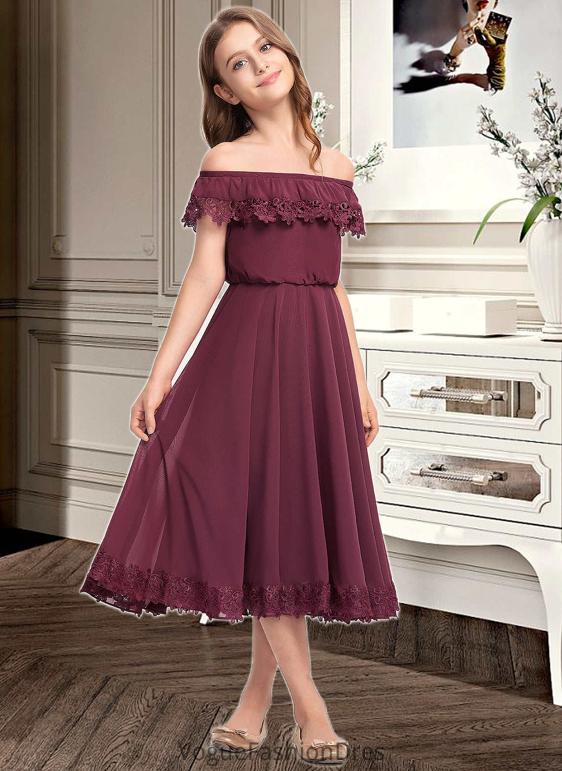 Judith A-Line Off-the-Shoulder Tea-Length Chiffon Lace Junior Bridesmaid Dress DKP0013505