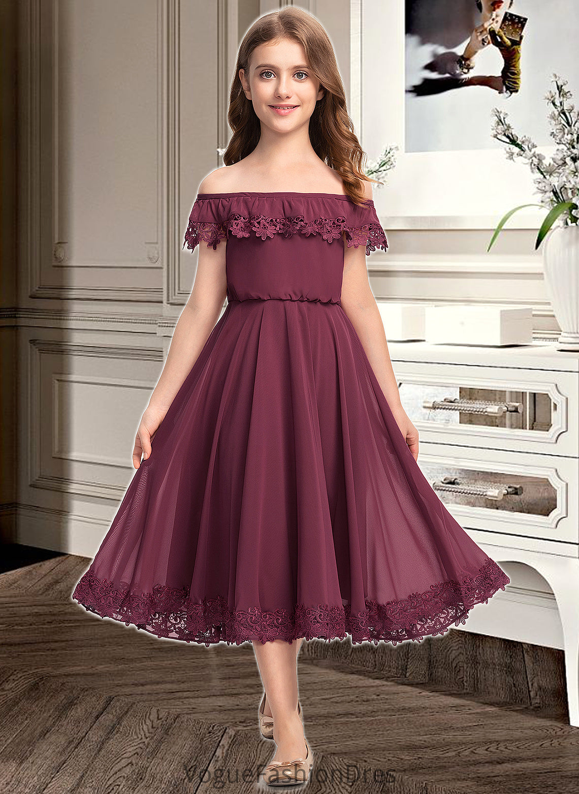 Judith A-Line Off-the-Shoulder Tea-Length Chiffon Lace Junior Bridesmaid Dress DKP0013505