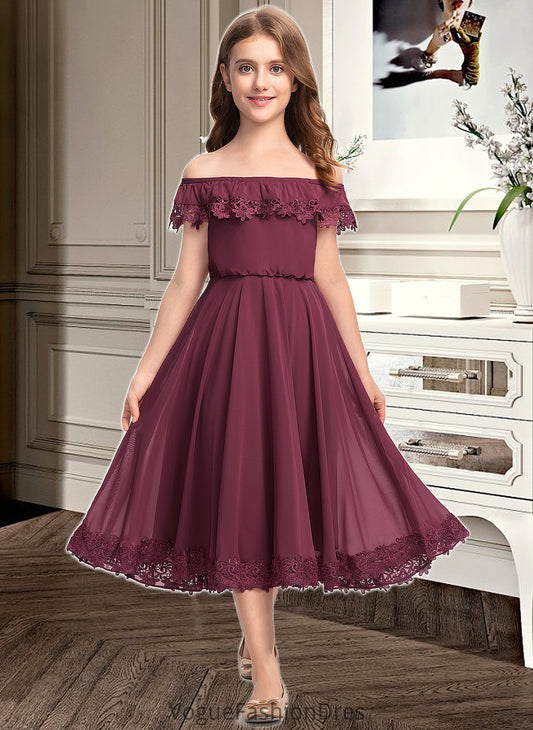 Judith A-Line Off-the-Shoulder Tea-Length Chiffon Lace Junior Bridesmaid Dress DKP0013505