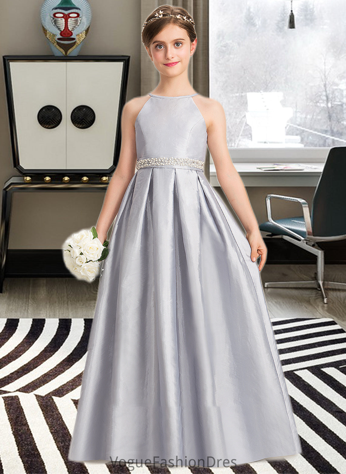 Jaylyn A-Line Scoop Neck Floor-Length Taffeta Junior Bridesmaid Dress With Beading Bow(s) DKP0013506