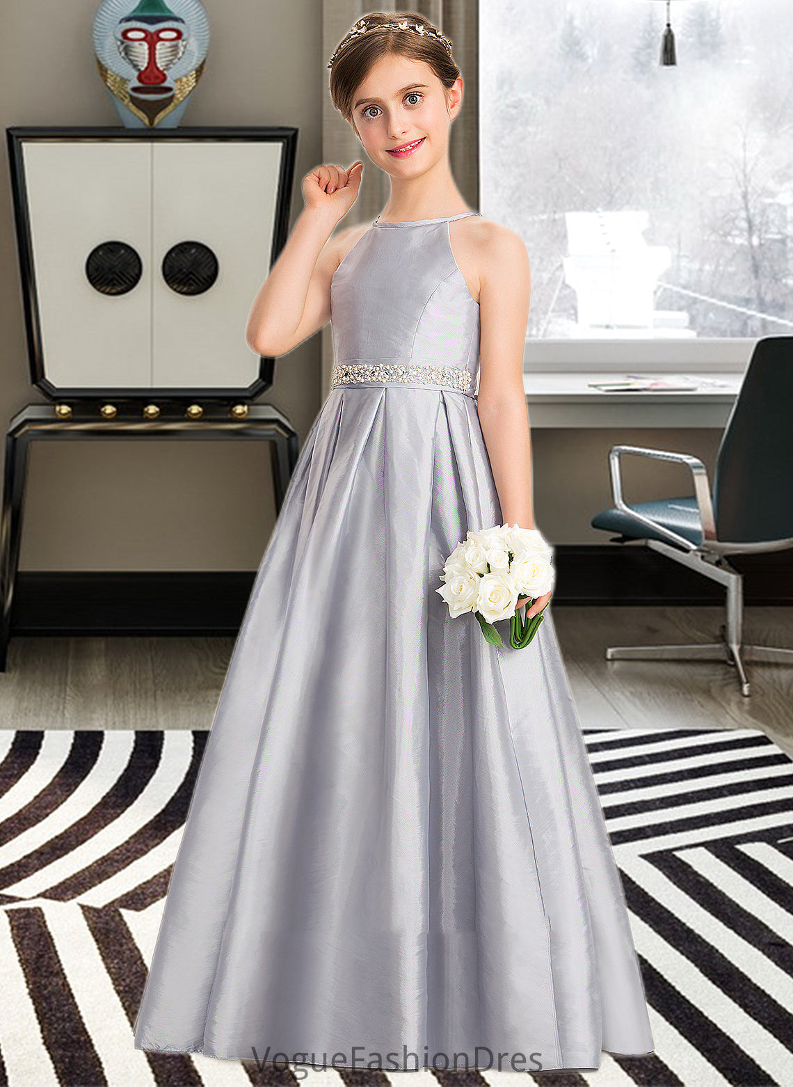 Jaylyn A-Line Scoop Neck Floor-Length Taffeta Junior Bridesmaid Dress With Beading Bow(s) DKP0013506