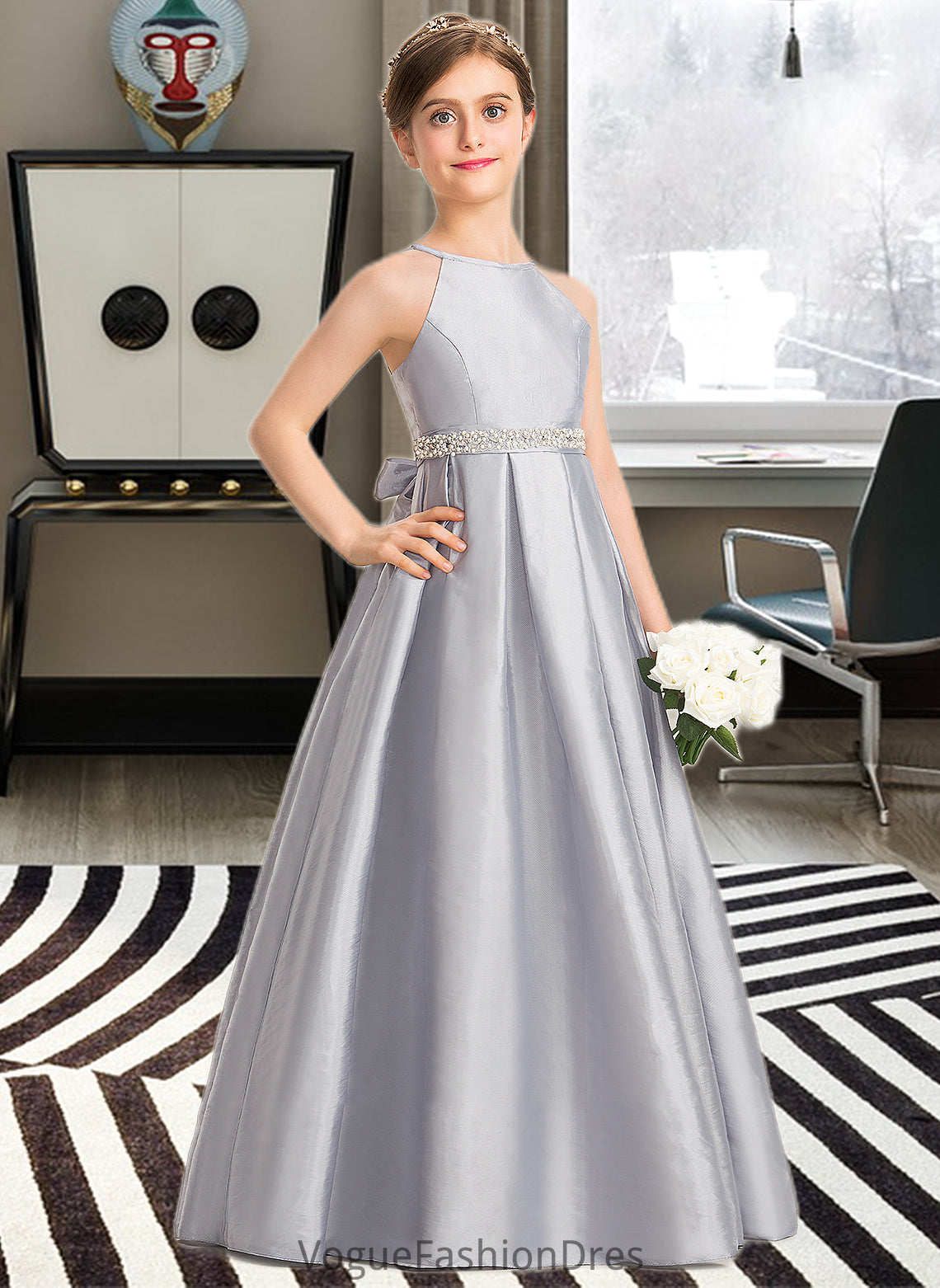 Jaylyn A-Line Scoop Neck Floor-Length Taffeta Junior Bridesmaid Dress With Beading Bow(s) DKP0013506