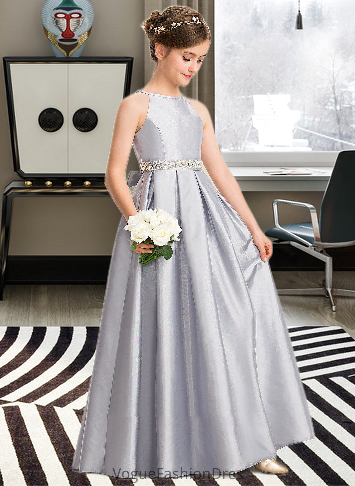 Jaylyn A-Line Scoop Neck Floor-Length Taffeta Junior Bridesmaid Dress With Beading Bow(s) DKP0013506