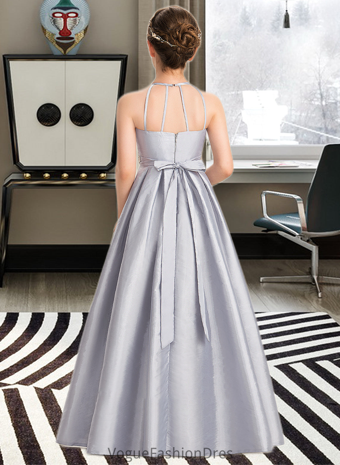 Jaylyn A-Line Scoop Neck Floor-Length Taffeta Junior Bridesmaid Dress With Beading Bow(s) DKP0013506