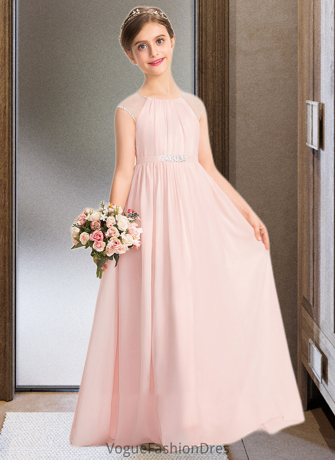 Hazel A-Line Scoop Neck Floor-Length Chiffon Junior Bridesmaid Dress With Beading Sequins DKP0013507