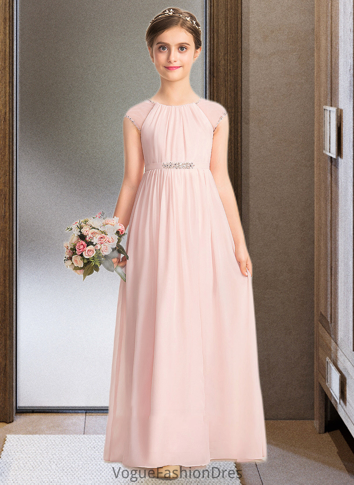 Hazel A-Line Scoop Neck Floor-Length Chiffon Junior Bridesmaid Dress With Beading Sequins DKP0013507