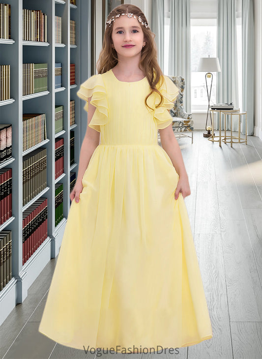 Macy A-LineScoopNeckFloor-LengthChiffonJuniorBridesmaidDressWithRuffleCascadingRuffles#123850 DKP0013508