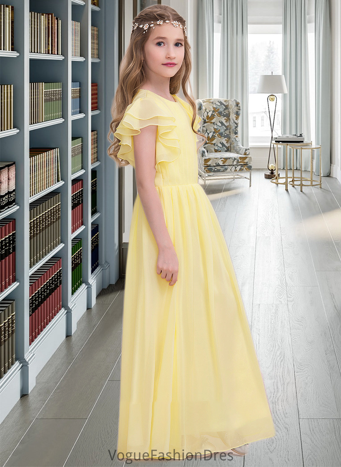 Macy A-LineScoopNeckFloor-LengthChiffonJuniorBridesmaidDressWithRuffleCascadingRuffles#123850 DKP0013508