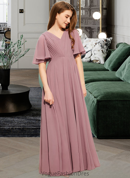 Sally A-Line V-neck Floor-Length Chiffon Junior Bridesmaid Dress With Ruffle DKP0013510