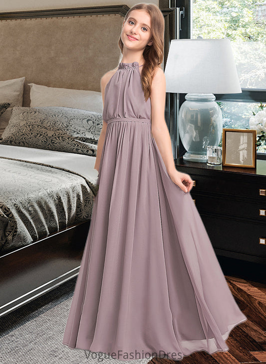 Gabrielle A-Line High Neck Floor-Length Chiffon Junior Bridesmaid Dress With Bow(s) Cascading Ruffles DKP0013512