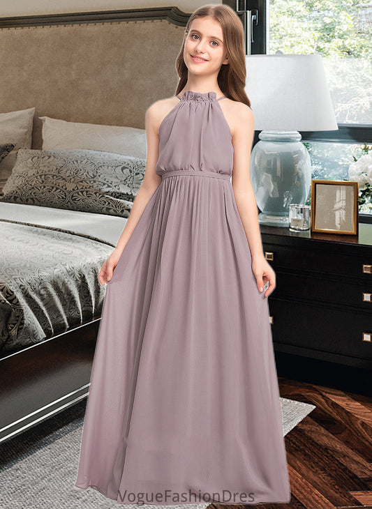 Gabrielle A-Line High Neck Floor-Length Chiffon Junior Bridesmaid Dress With Bow(s) Cascading Ruffles DKP0013512