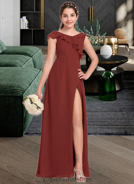 Mayra A-Line V-neck Floor-Length Chiffon Junior Bridesmaid Dress With Split Front Cascading Ruffles DKP0013517