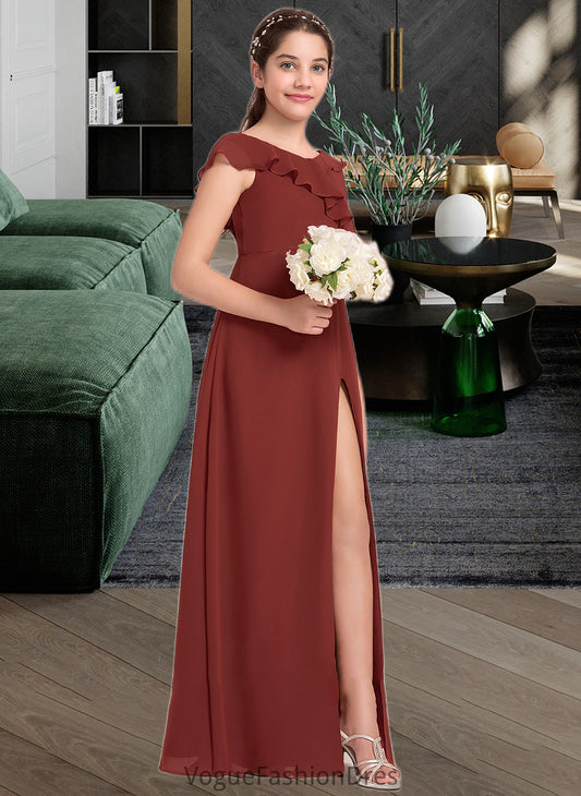 Mayra A-Line V-neck Floor-Length Chiffon Junior Bridesmaid Dress With Split Front Cascading Ruffles DKP0013517