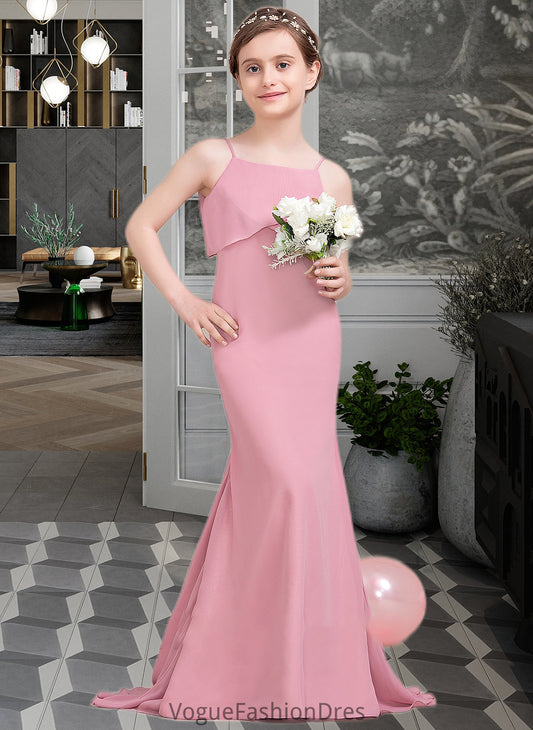 Daisy Trumpet/Mermaid Square Neckline Sweep Train Chiffon Junior Bridesmaid Dress With Cascading Ruffles DKP0013518