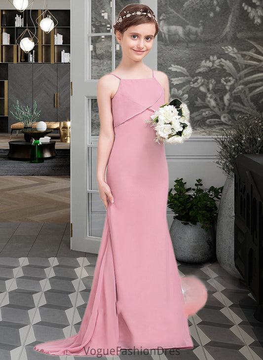 Daisy Trumpet/Mermaid Square Neckline Sweep Train Chiffon Junior Bridesmaid Dress With Cascading Ruffles DKP0013518