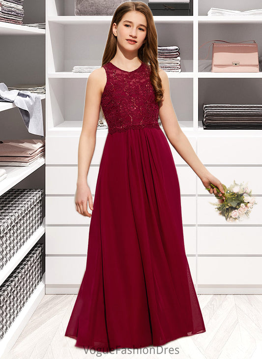 Aria A-Line Scoop Neck Floor-Length Chiffon Lace Junior Bridesmaid Dress With Sequins DKP0013525