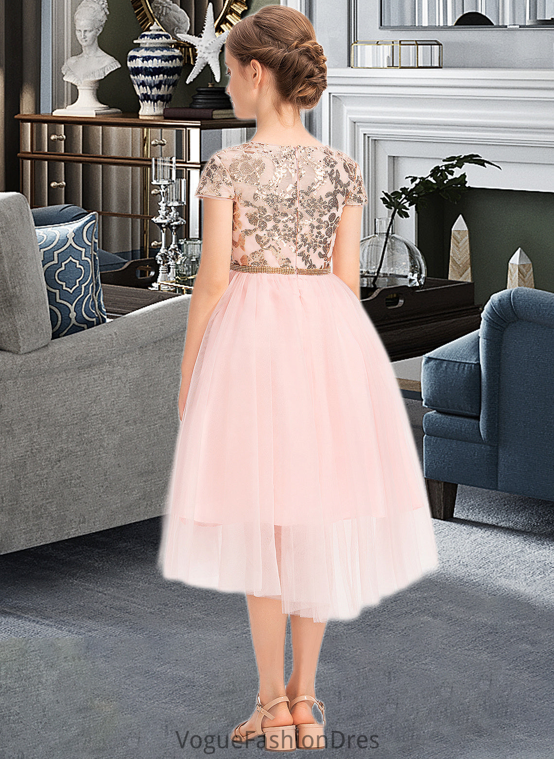 Kamari A-Line Scoop Neck Asymmetrical Tulle Junior Bridesmaid Dress With Sequins DKP0013531