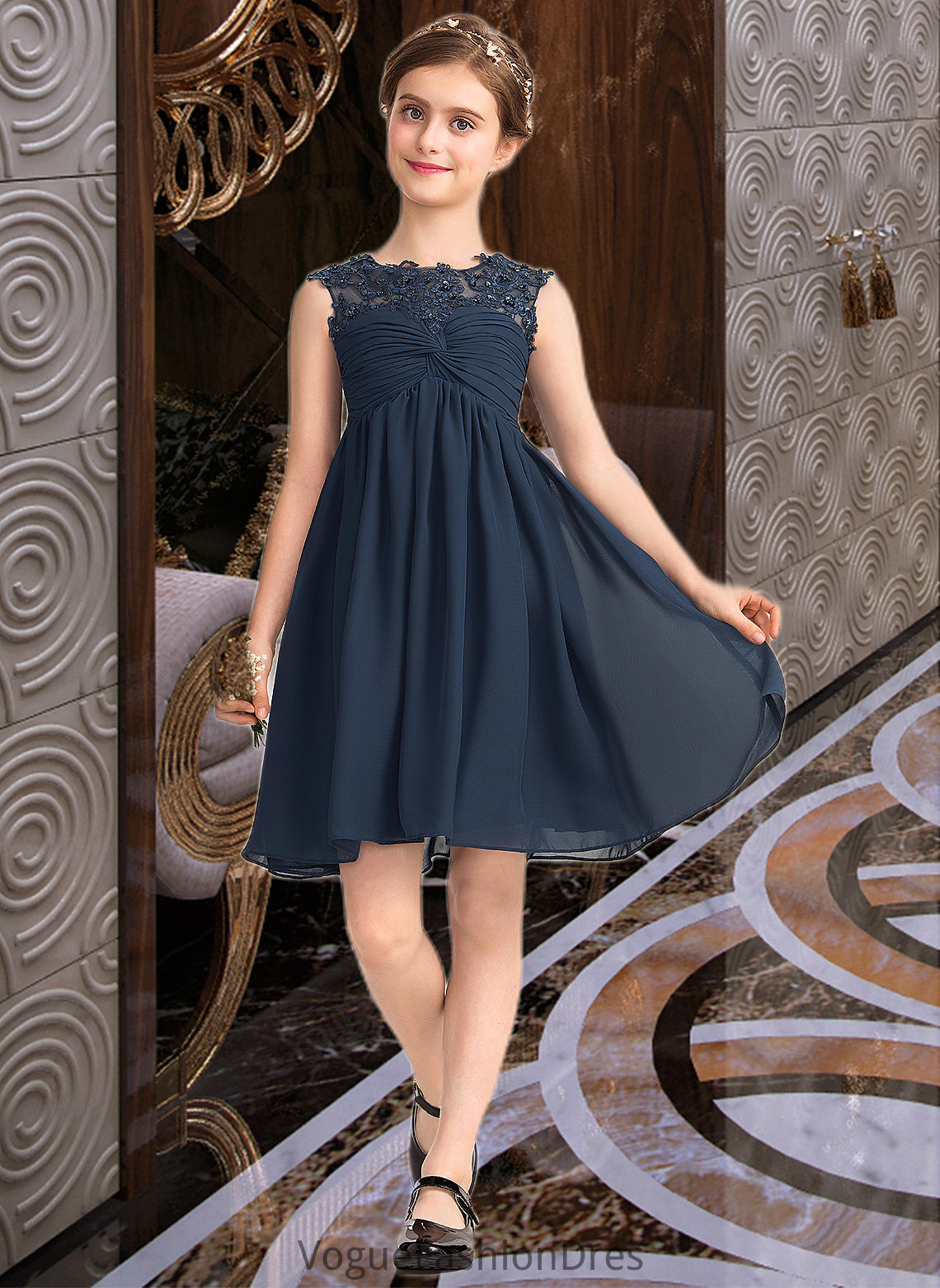 Chana Empire Scoop Neck Knee-Length Chiffon Lace Junior Bridesmaid Dress With Ruffle Beading Sequins DKP0013532