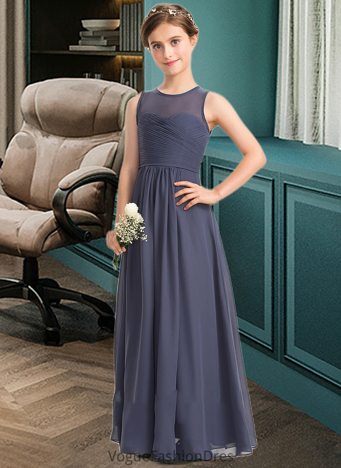 Haleigh A-Line Scoop Neck Floor-Length Chiffon Junior Bridesmaid Dress With Ruffle DKP0013533