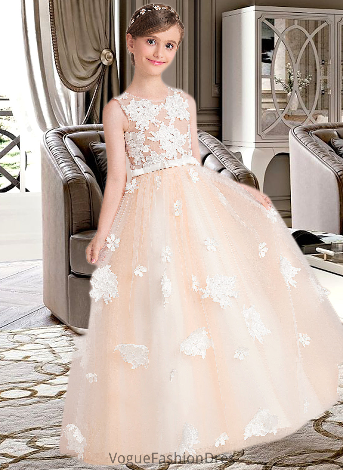 Patti Ball-Gown/Princess Scoop Neck Floor-Length Tulle Junior Bridesmaid Dress With Flower(s) Bow(s) DKP0013534