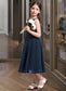 Stacy A-Line Scoop Neck Tea-Length Chiffon Lace Junior Bridesmaid Dress With Ruffle DKP0013536