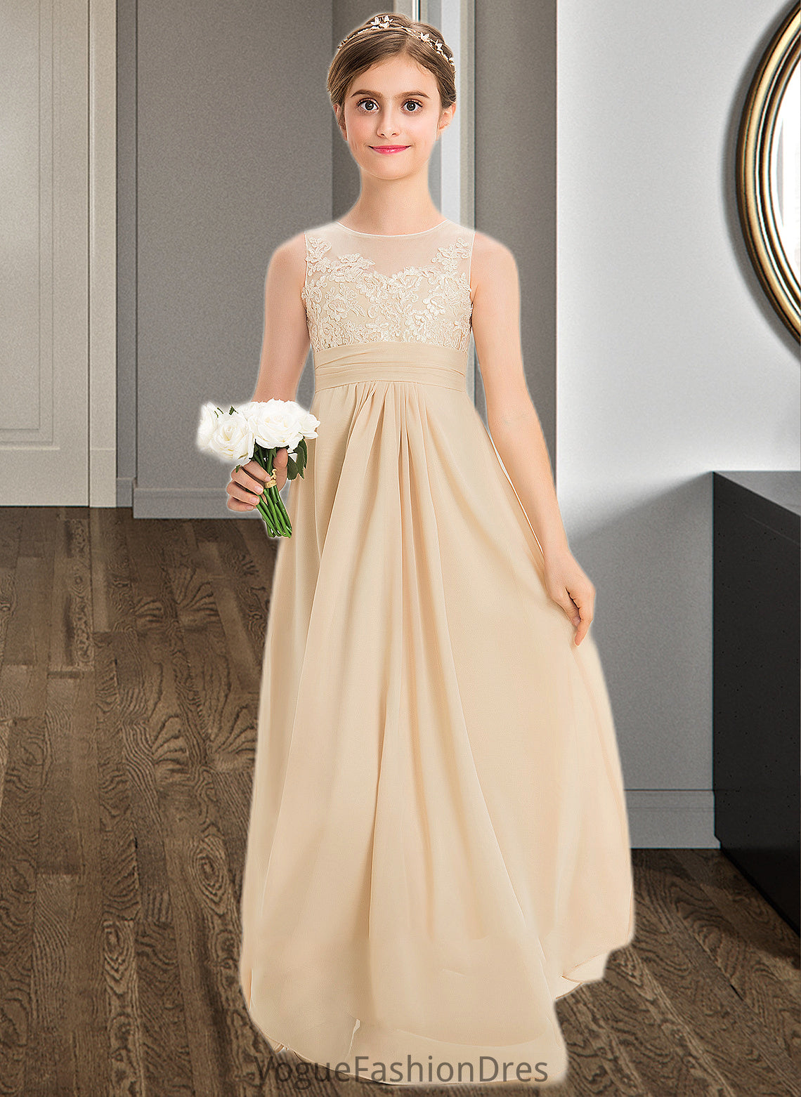 Amina A-Line Scoop Neck Floor-Length Chiffon Lace Junior Bridesmaid Dress DKP0013539