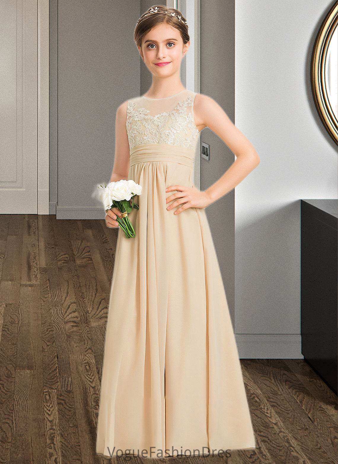 Amina A-Line Scoop Neck Floor-Length Chiffon Lace Junior Bridesmaid Dress DKP0013539