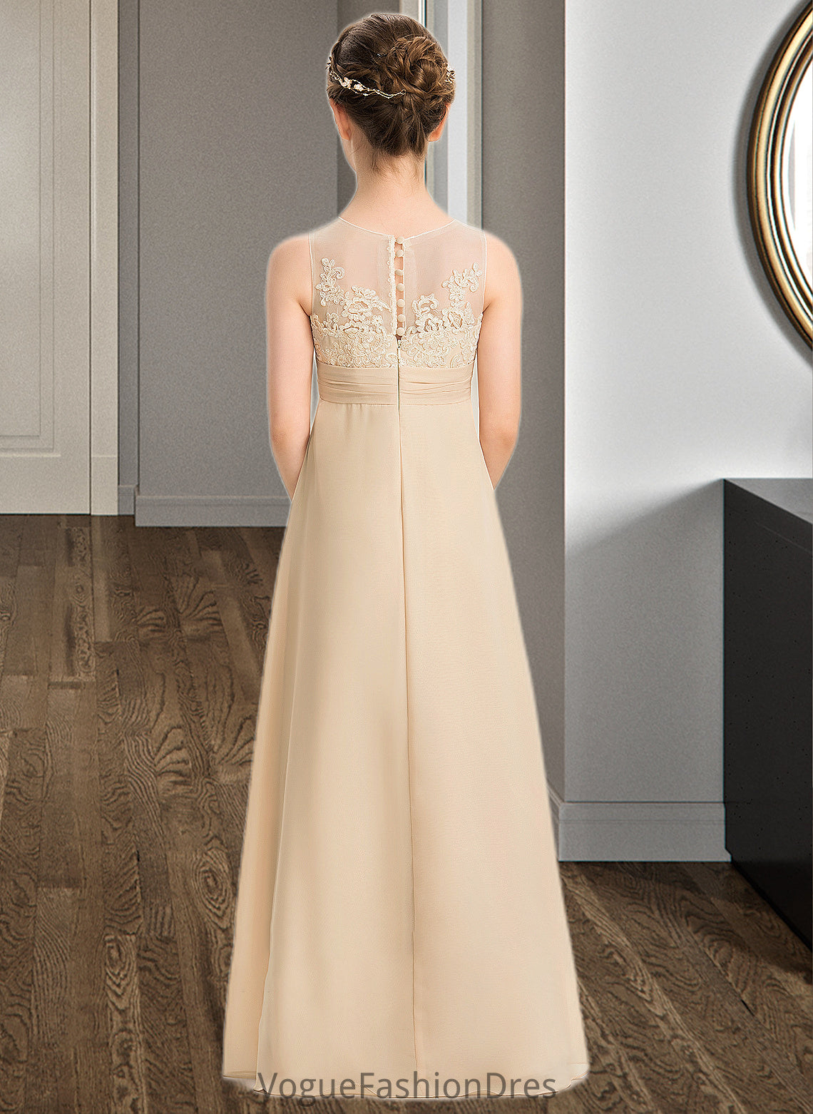 Amina A-Line Scoop Neck Floor-Length Chiffon Lace Junior Bridesmaid Dress DKP0013539