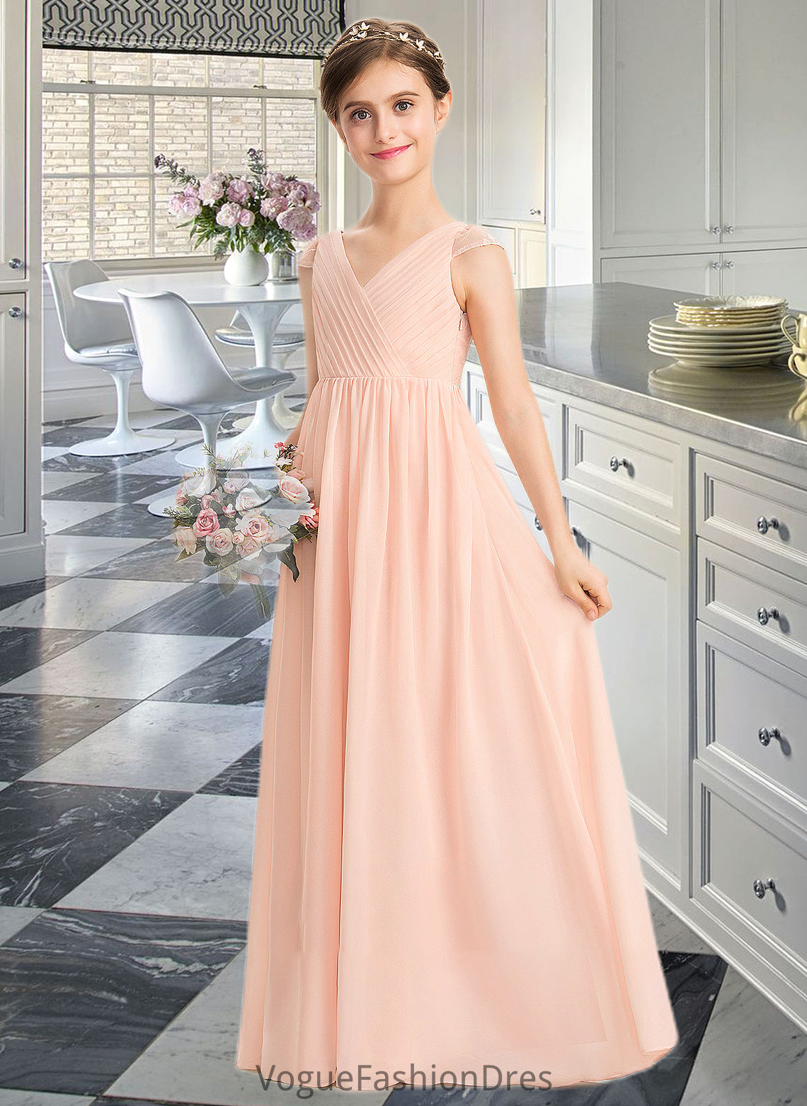 Nia A-Line V-neck Floor-Length Chiffon Lace Junior Bridesmaid Dress With Ruffle DKP0013540