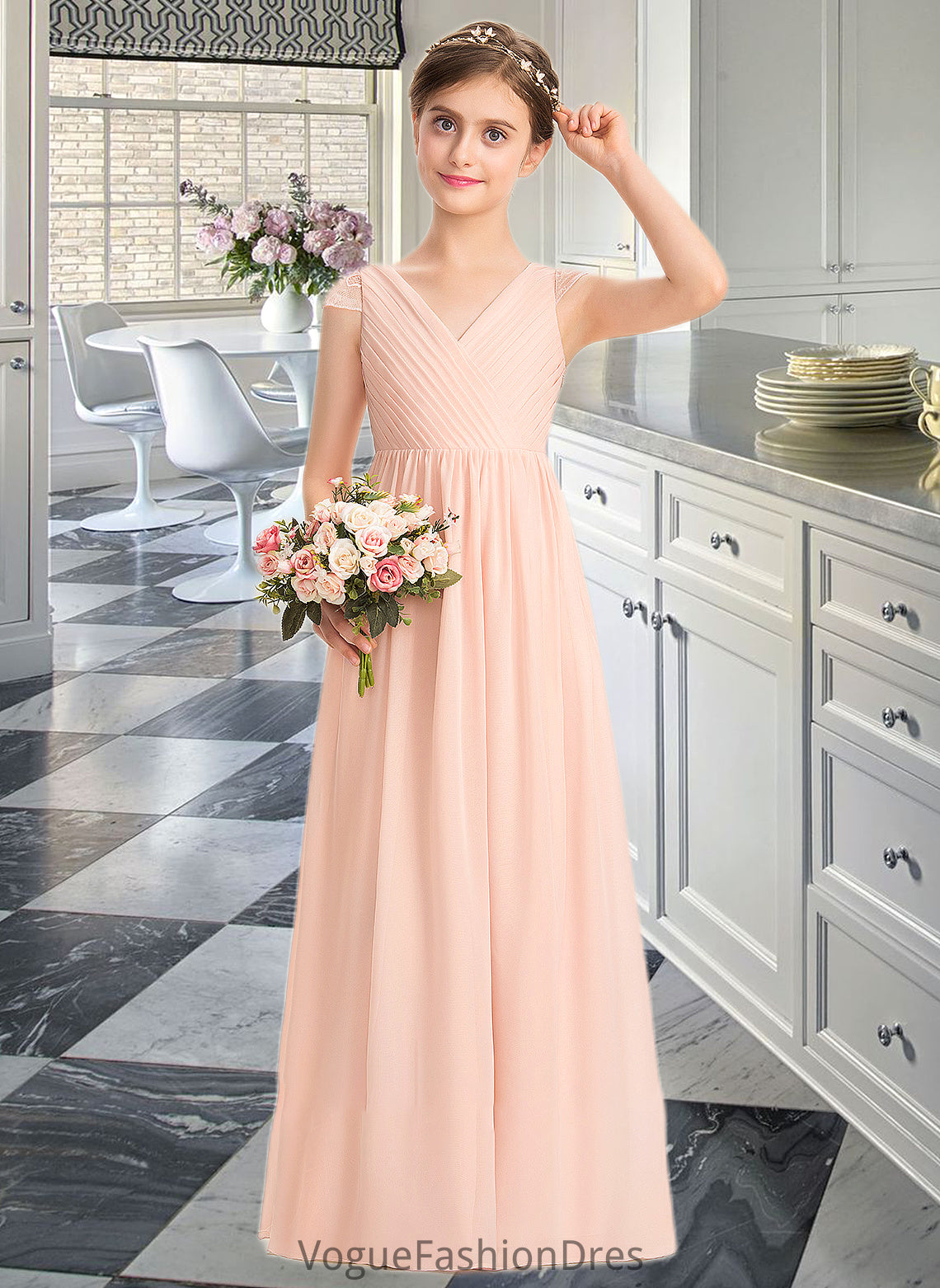 Nia A-Line V-neck Floor-Length Chiffon Lace Junior Bridesmaid Dress With Ruffle DKP0013540