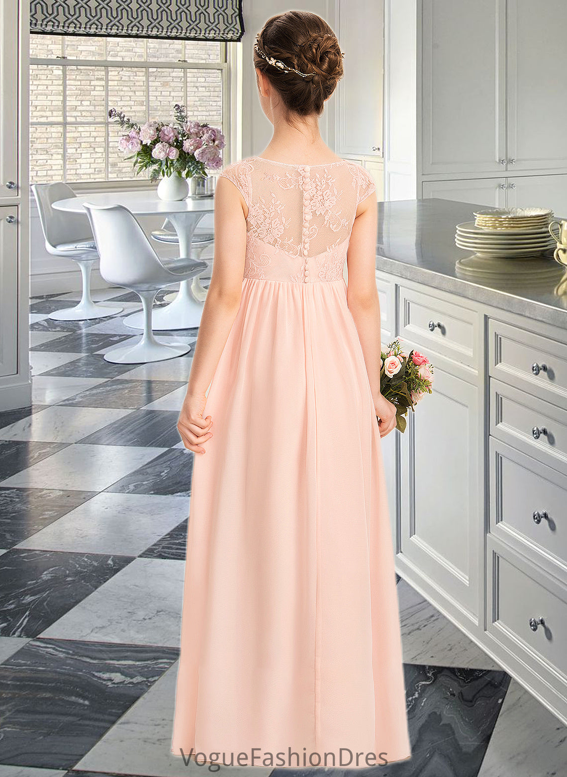 Nia A-Line V-neck Floor-Length Chiffon Lace Junior Bridesmaid Dress With Ruffle DKP0013540