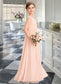 Nia A-Line V-neck Floor-Length Chiffon Lace Junior Bridesmaid Dress With Ruffle DKP0013540