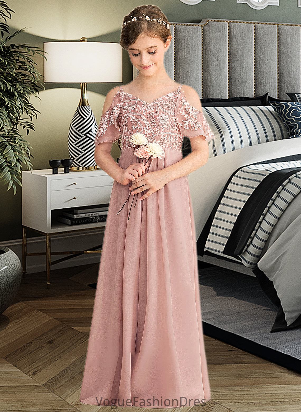 Thirza A-Line V-neck Floor-Length Chiffon Lace Junior Bridesmaid Dress DKP0013541