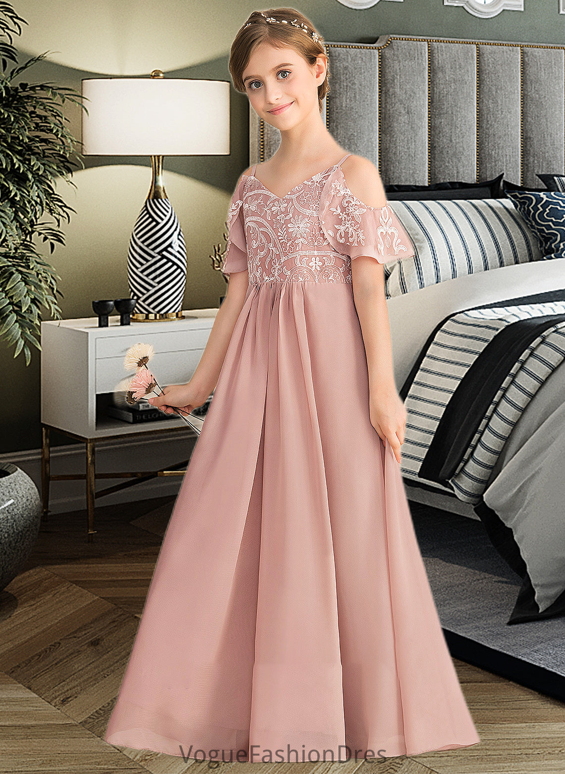 Thirza A-Line V-neck Floor-Length Chiffon Lace Junior Bridesmaid Dress DKP0013541