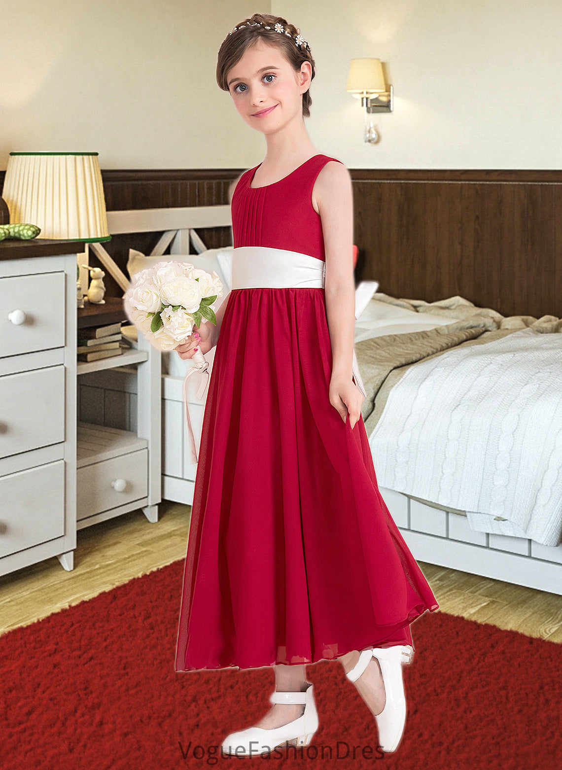 Paulina Empire A-Line Scoop Neck Ankle-Length Chiffon Junior Bridesmaid Dress With Sash Bow(s) DKP0013542