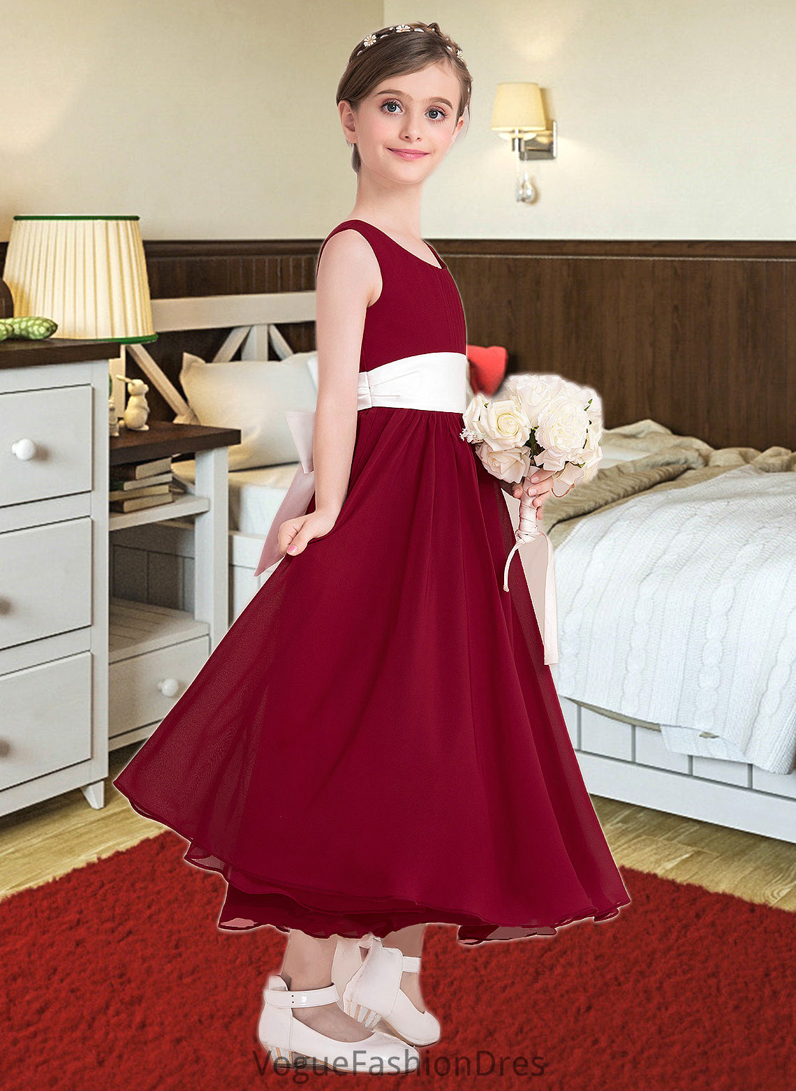 Paulina Empire A-Line Scoop Neck Ankle-Length Chiffon Junior Bridesmaid Dress With Sash Bow(s) DKP0013542