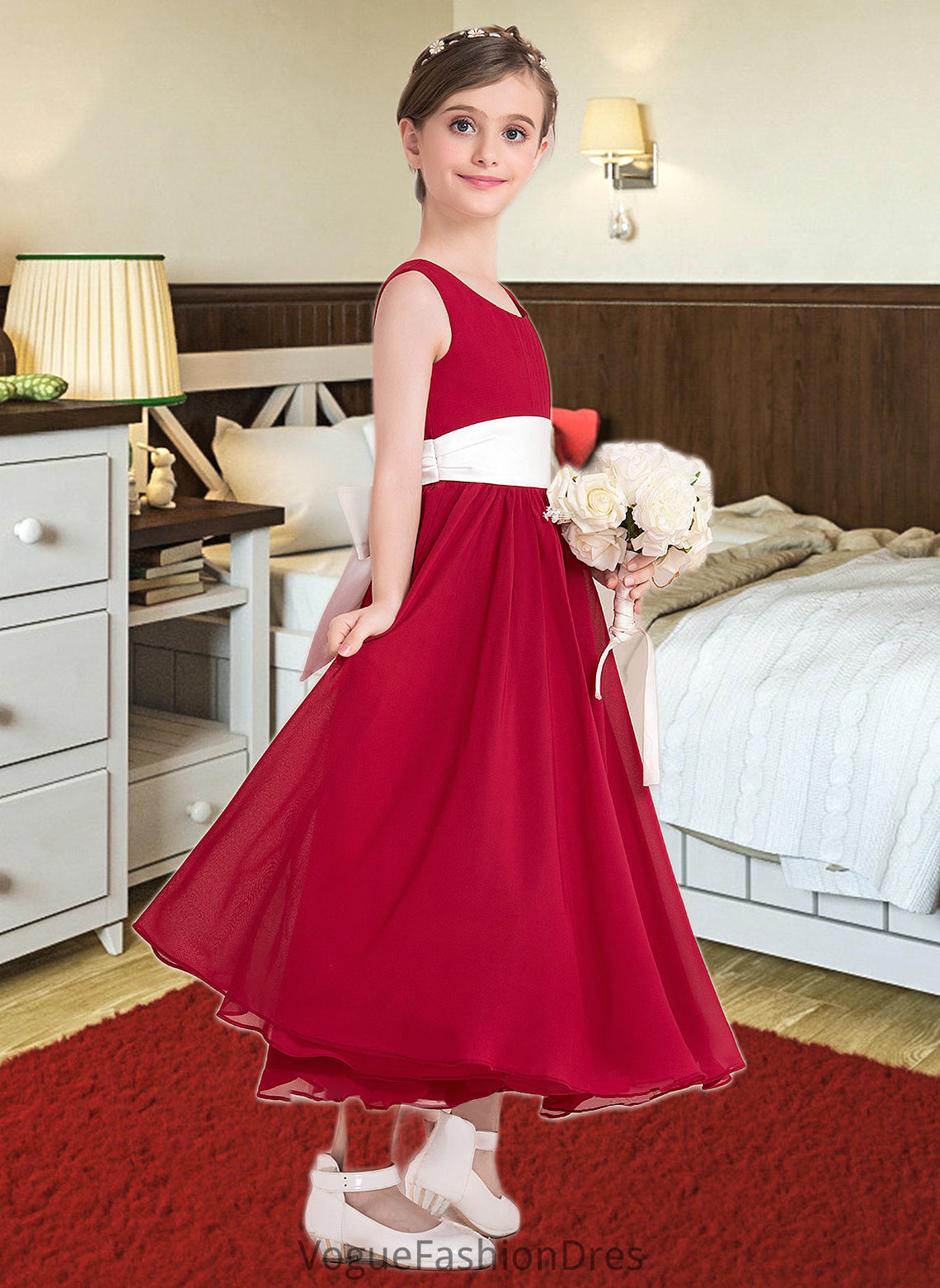 Paulina Empire A-Line Scoop Neck Ankle-Length Chiffon Junior Bridesmaid Dress With Sash Bow(s) DKP0013542