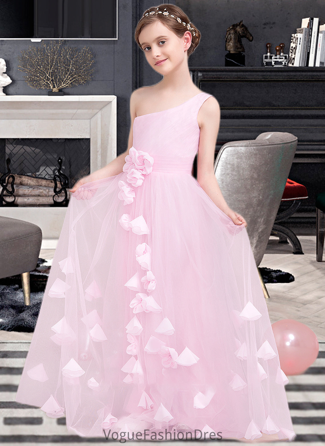 Lara A-Line One-Shoulder Floor-Length Tulle Junior Bridesmaid Dress With Ruffle Flower(s) DKP0013546