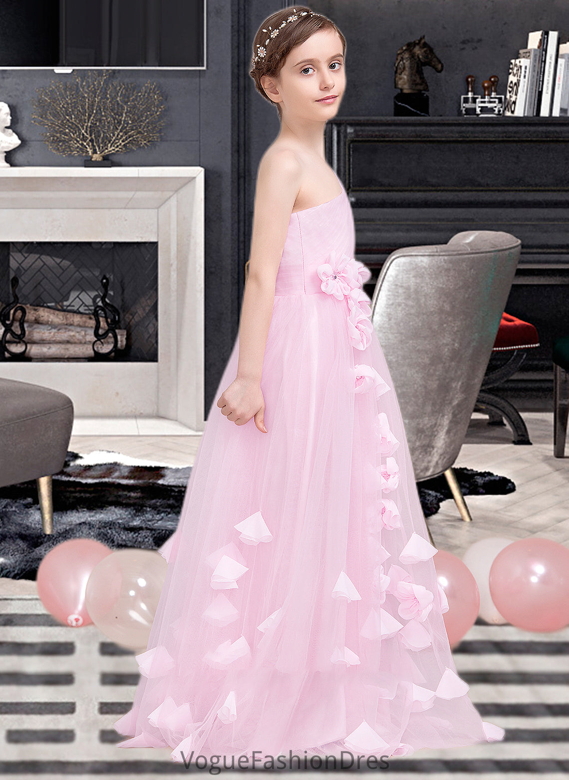 Lara A-Line One-Shoulder Floor-Length Tulle Junior Bridesmaid Dress With Ruffle Flower(s) DKP0013546