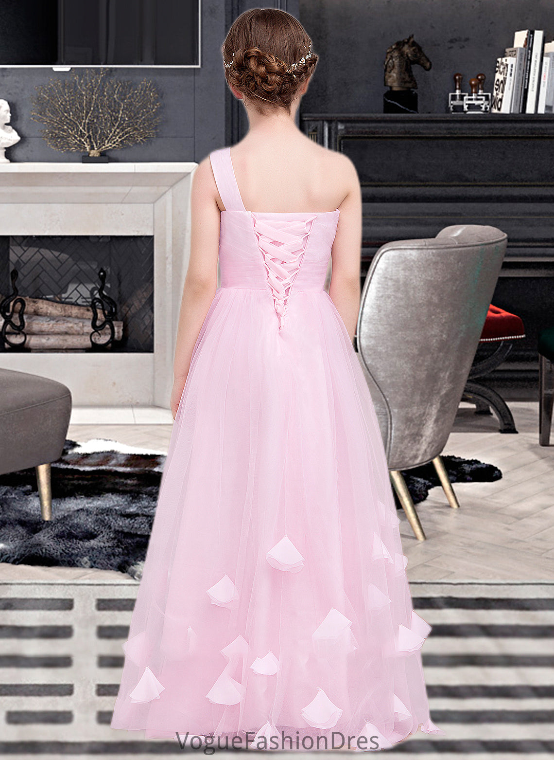 Lara A-Line One-Shoulder Floor-Length Tulle Junior Bridesmaid Dress With Ruffle Flower(s) DKP0013546