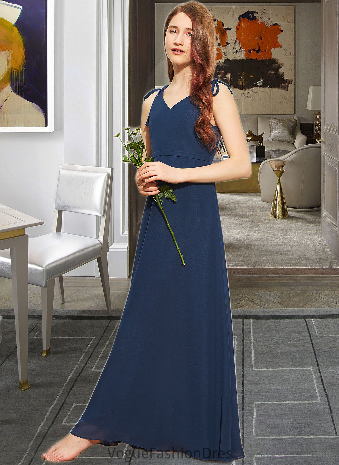 Milagros A-Line V-neck Floor-Length Chiffon Junior Bridesmaid Dress With Bow(s) DKP0013548