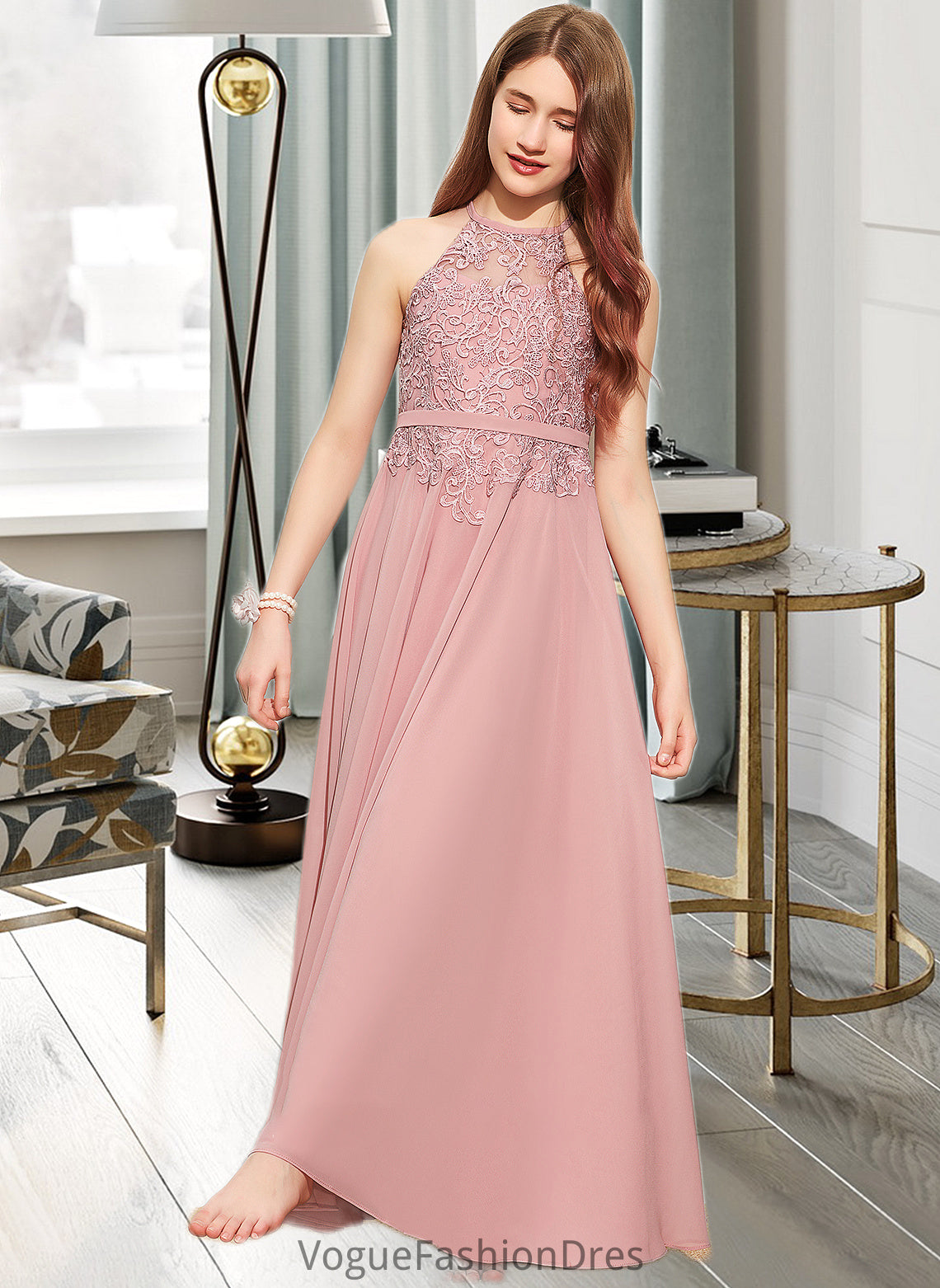 Selina A-Line Scoop Neck Floor-Length Chiffon Lace Junior Bridesmaid Dress DKP0013549