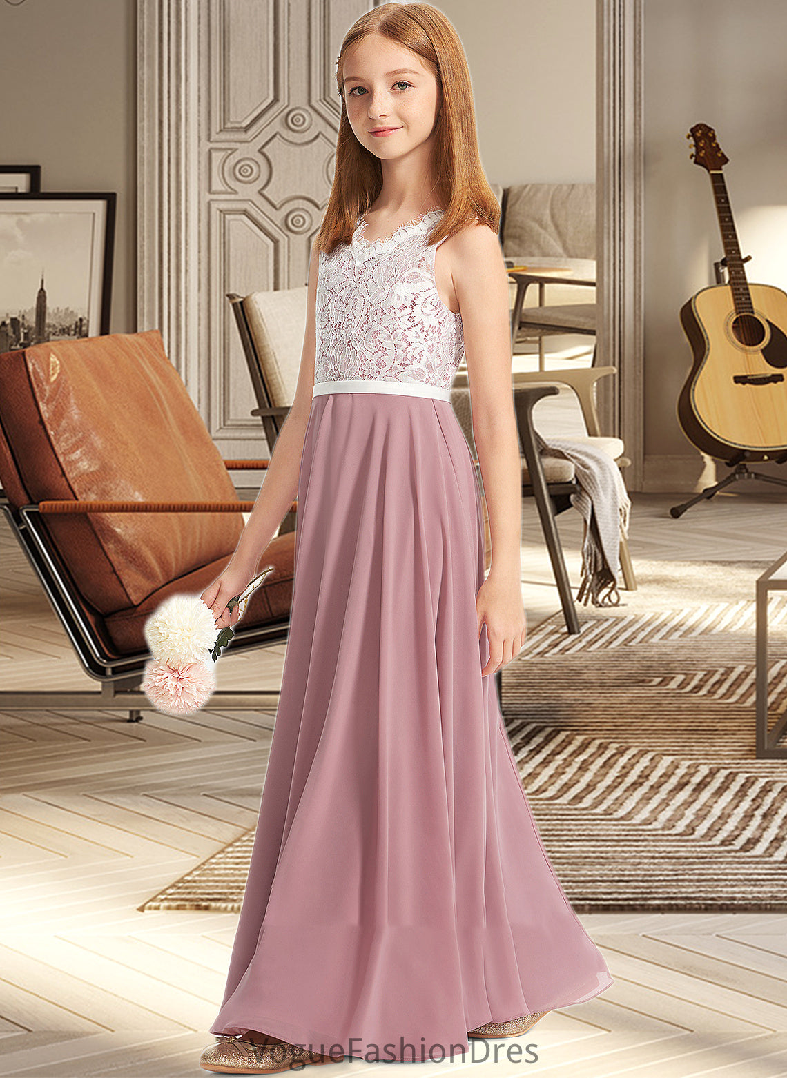 Nita A-Line V-neck Floor-Length Chiffon Lace Junior Bridesmaid Dress DKP0013552