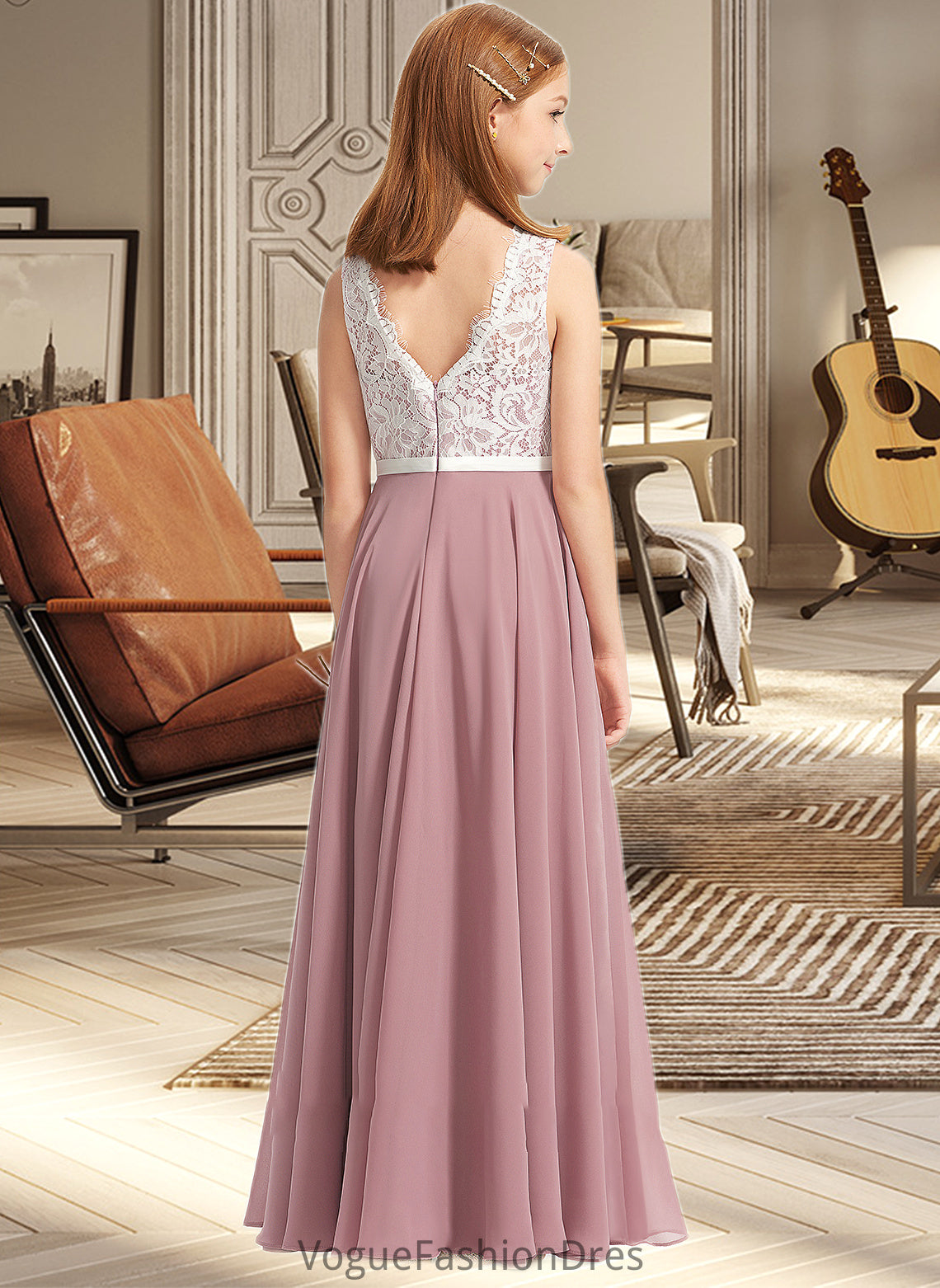 Nita A-Line V-neck Floor-Length Chiffon Lace Junior Bridesmaid Dress DKP0013552