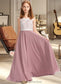 Nita A-Line V-neck Floor-Length Chiffon Lace Junior Bridesmaid Dress DKP0013552