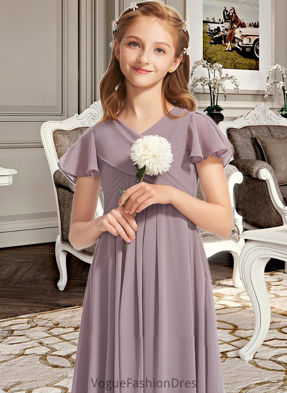 Kamryn A-Line V-neck Floor-Length Chiffon Junior Bridesmaid Dress With Ruffle DKP0013554