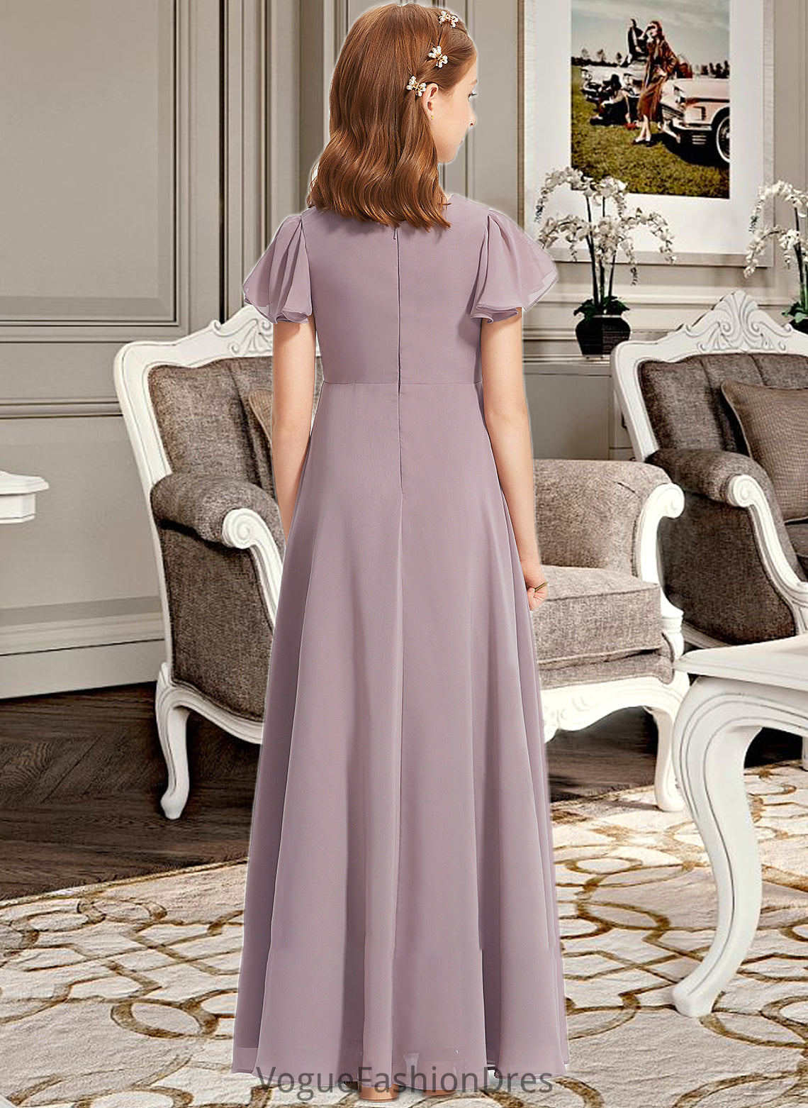 Kamryn A-Line V-neck Floor-Length Chiffon Junior Bridesmaid Dress With Ruffle DKP0013554